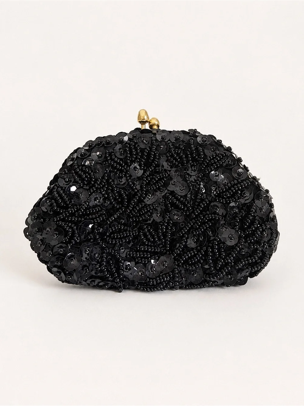 K. Gimbel Black Beaded Sequin Evening Coin Purse Gold Kiss Lock Hong Kong